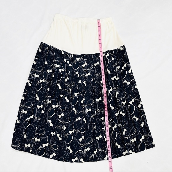 Vintage Allisia Drop Waist Cream Navy Bows Ribbons Printed Pleated Skirt - Picture 7 of 8